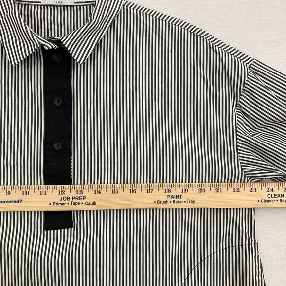 Terra Black White Striped Pockets Preppy Cotton Relaxed Popover Top Large - Picture 7 of 10
